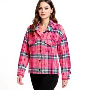 Crown & Ivy Shirt Jacket Wmn's Sz XXL Pink Plaid Flannel Boxy Button up Pockets